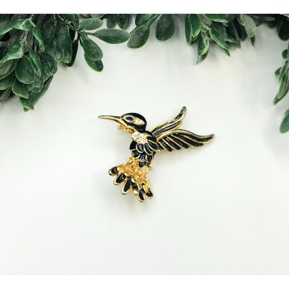 Vintage brooch gold tone sphinx black enamel bird - Picture 3 of 6